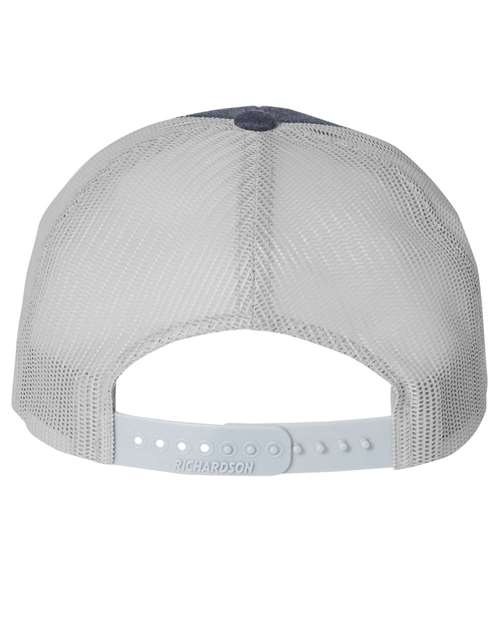 Richardson 115 low profile trucker hat in Heather Navy/ Light Grey, back view.