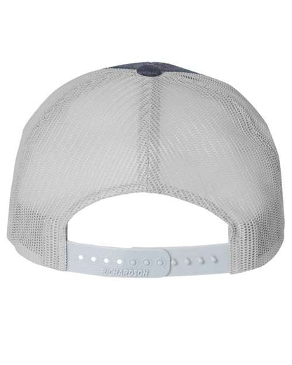 Richardson 115 low profile trucker hat in Heather Navy/ Light Grey, back view.