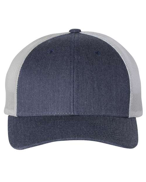 Richardson 115 low profile trucker hat in Heather Navy/ Light Grey, front view.