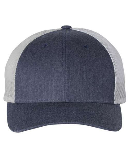 Richardson 115 low profile trucker hat in Heather Navy/ Light Grey, front view.