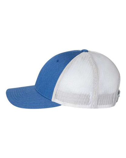 Richardson 115 low profile trucker hat in Heather Royal/ Light Grey, angled side view.