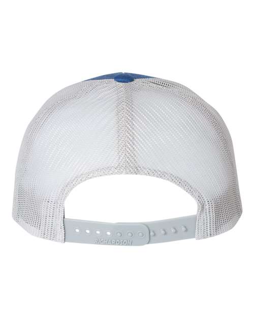 Richardson 115 low profile trucker hat in Heather Royal/ Light Grey, back view.