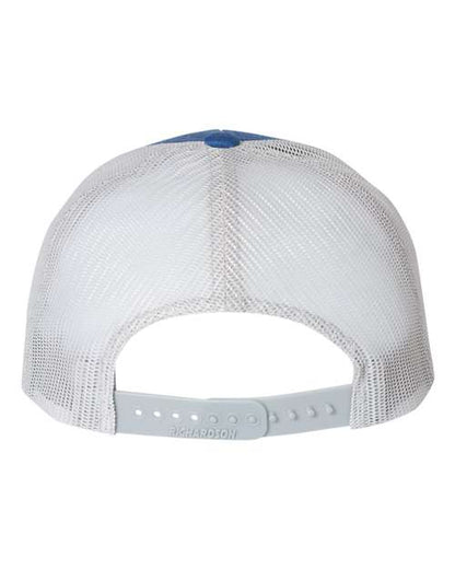 Richardson 115 low profile trucker hat in Heather Royal/ Light Grey, back view.