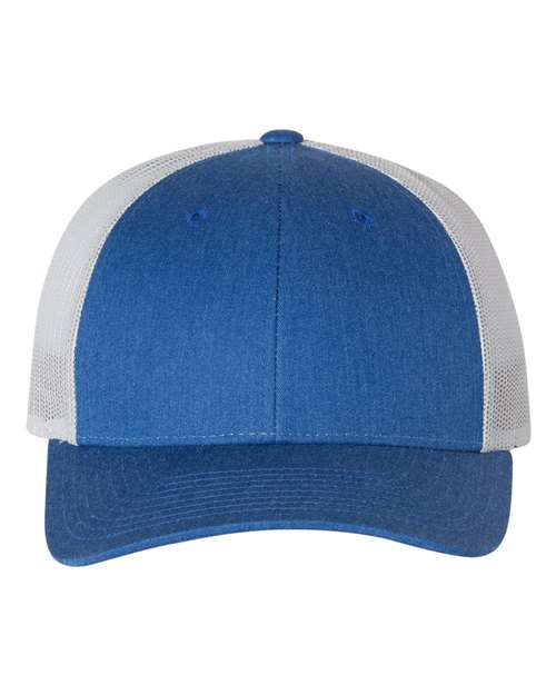 Richardson 115 low profile trucker hat in Heather Royal/ Light Grey, front view.