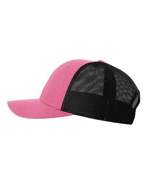 Richardson 115 low profile trucker hat in Hot Pink/ Black, angled side view.