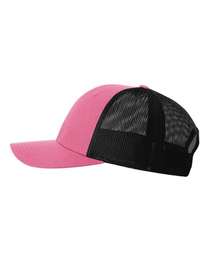 Richardson 115 low profile trucker hat in Hot Pink/ Black, angled side view.
