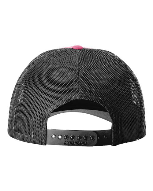 Richardson 115 low profile trucker hat in Hot Pink/ Black, back view.