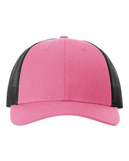 Richardson 115 low profile trucker hat in Hot Pink/ Black, front view.