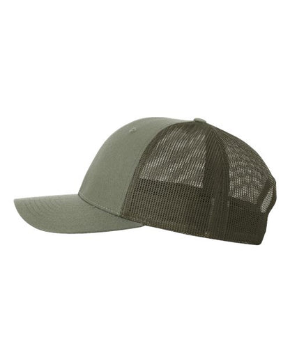 Richardson 115 low profile trucker hat in Loden, angled side view.