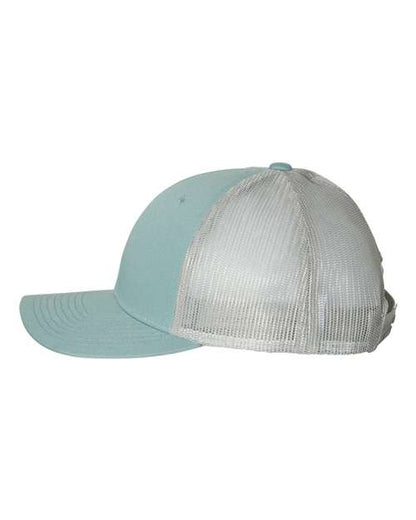 Richardson 115 low profile trucker hat in Smoke Blue/ Aluminum, angled side view.