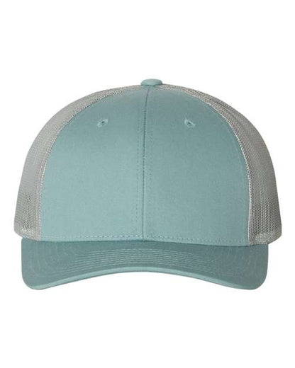 Richardson 115 low profile trucker hat in Smoke Blue/ Aluminum, front view.