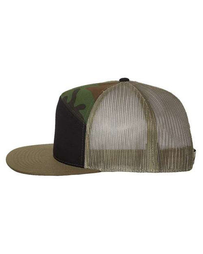 Richardson 168 seven-panel snapback hat in Black/ Camo/ Loden, angled side view.