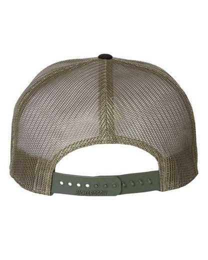 Richardson 168 seven-panel snapback hat in Black/ Camo/ Loden, back view.