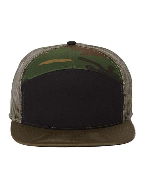 Richardson 168 seven-panel snapback hat in Black/ Camo/ Loden, front view.