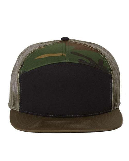 Richardson 168 seven-panel snapback hat in Black/ Camo/ Loden, front view.