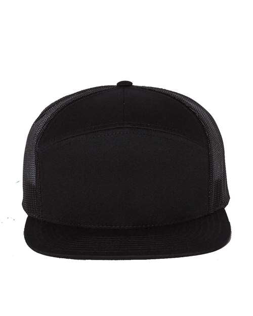 Richardson 168 seven-panel snapback hat in Black, front view.