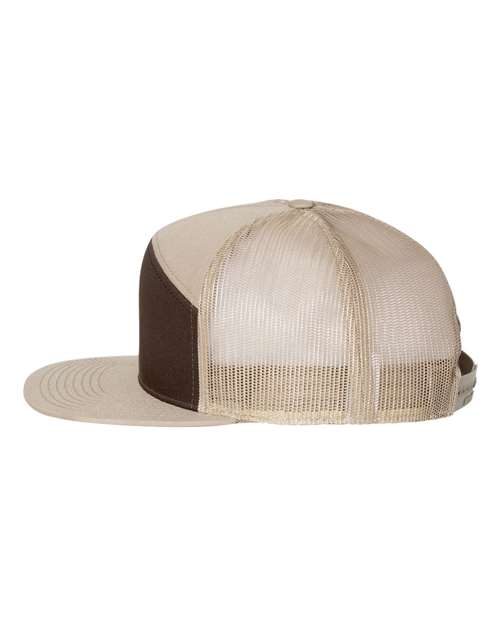 Richardson 168 seven-panel snapback hat in Brown/ Khaki, angled side view.