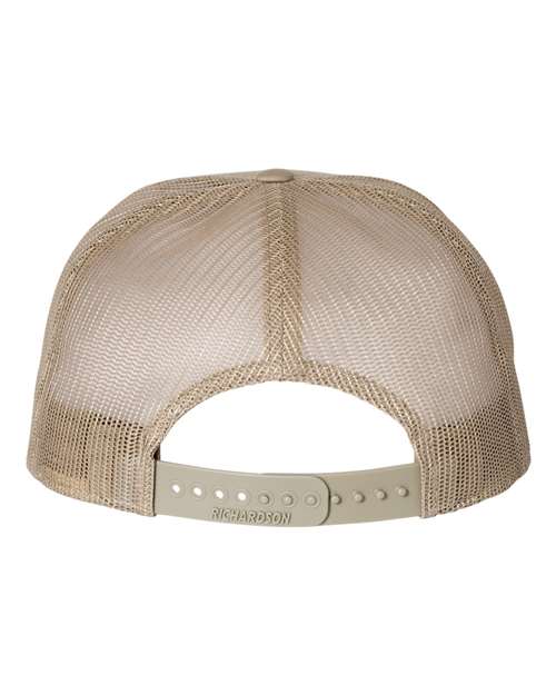 Richardson 168 seven-panel snapback hat in Brown/ Khaki, back view.