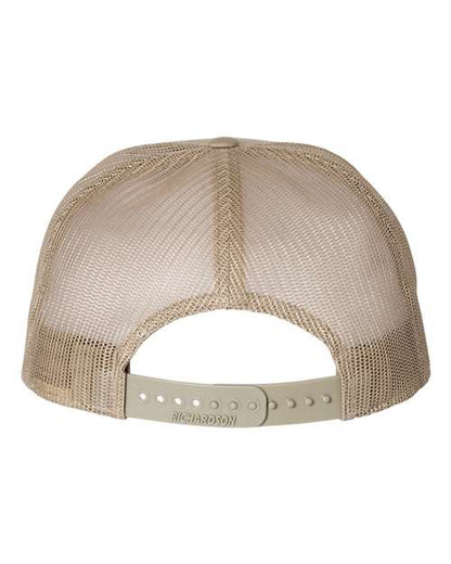 Richardson 168 seven-panel snapback hat in Brown/ Khaki, back view.