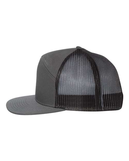 Richardson 168 seven-panel snapback hat in Charcoal/ Black, angled side view.