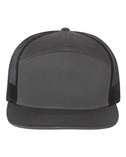 Richardson 168 seven-panel snapback hat in Charcoal/ Black, front view.
