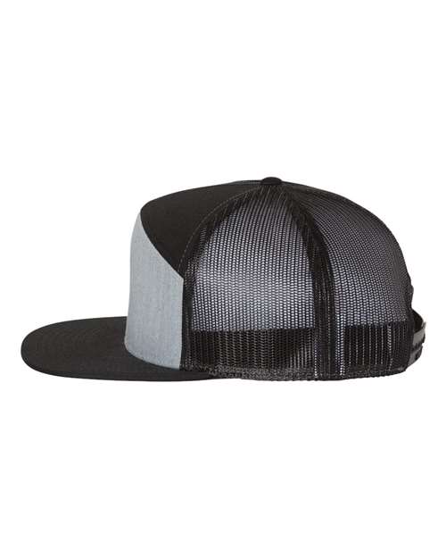Richardson 168 seven-panel snapback hat in Heather Grey/ Black, angled side view.