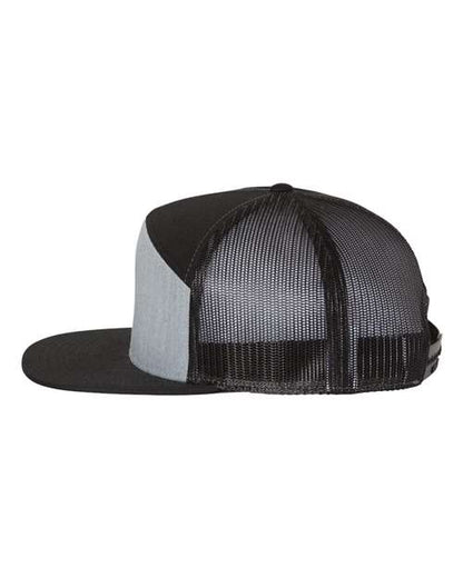 Richardson 168 seven-panel snapback hat in Heather Grey/ Black, angled side view.