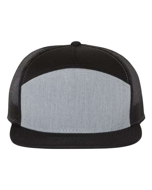 Richardson 168 seven-panel snapback hat in Heather Grey/ Black, front view.