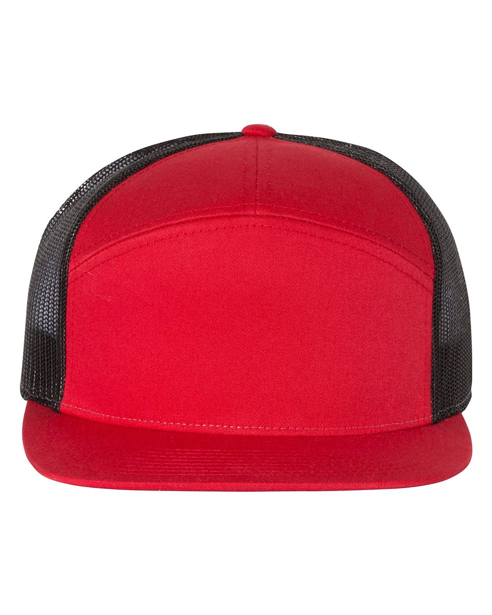 Richardson 168 seven-panel snapback hat in Red / Black, alternate front view.