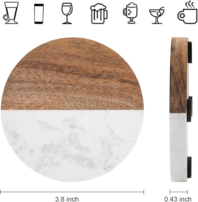 Round marble and wood coaster dimension diagram with a side profile.