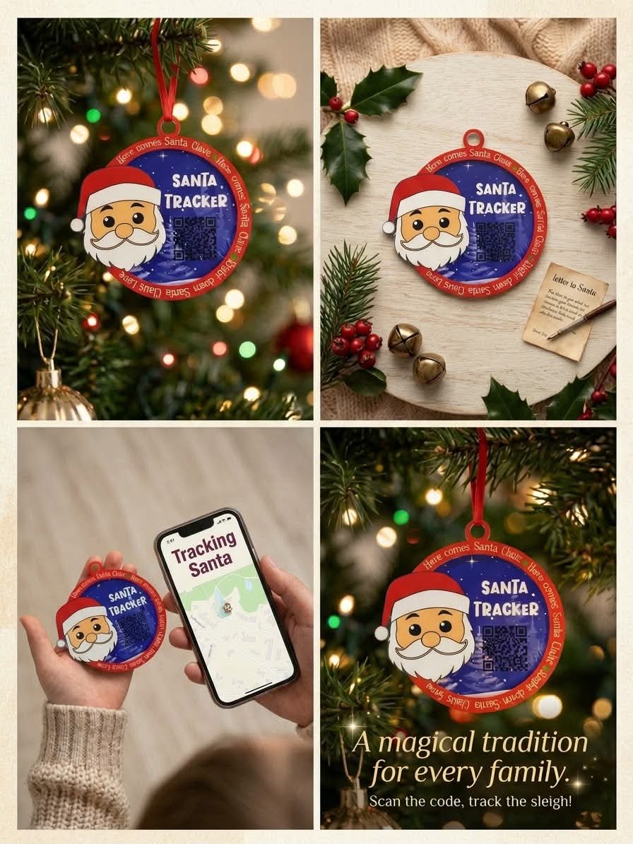 Santa tracker Christmas ornament with a red border, cartoon Santa and QR code, shown hanging on a tree and beside a smartphone.