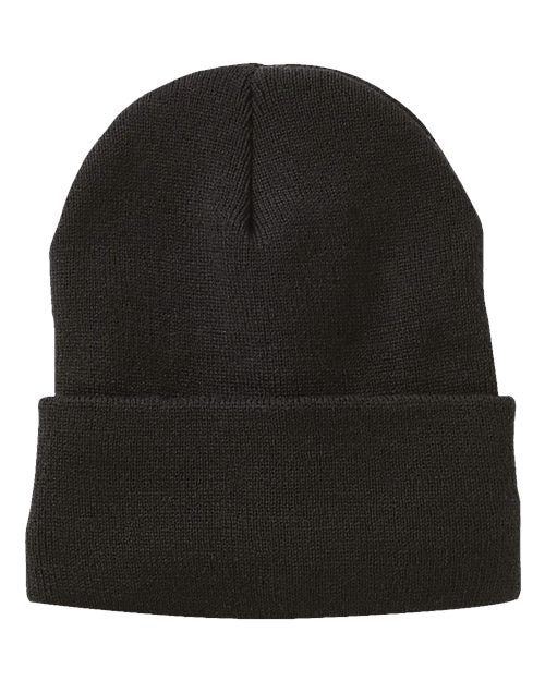 Sherpa lined cuffed knit toque in Black, front view.