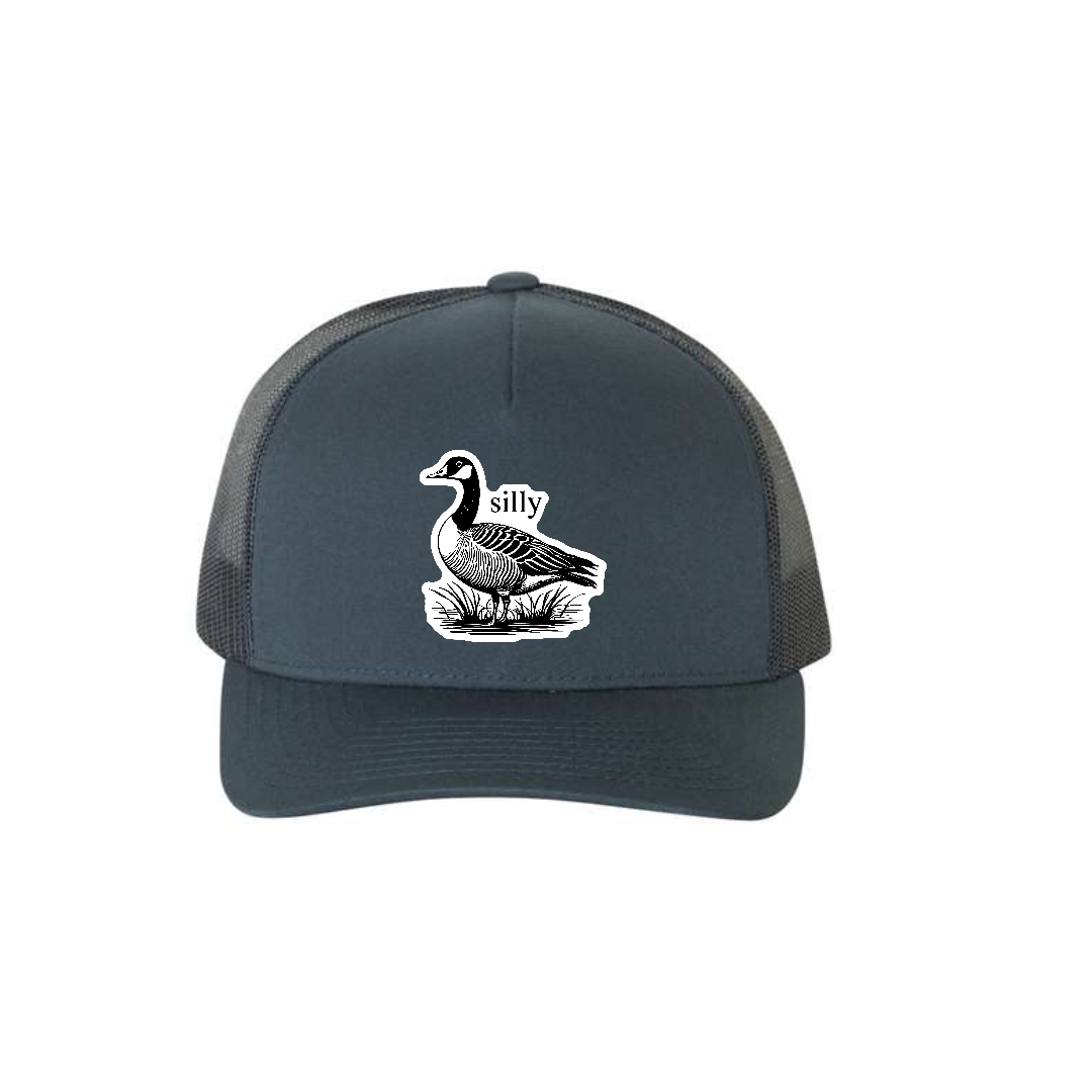 Silly Goose 5-panel trucker hat in navy, front product mockup showing a white goose design patch.