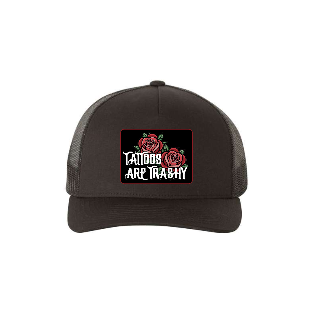 Tattoos Are Trashy Roses 5-panel trucker hat in black, front product mockup showing a black patch with red roses and white lettering.