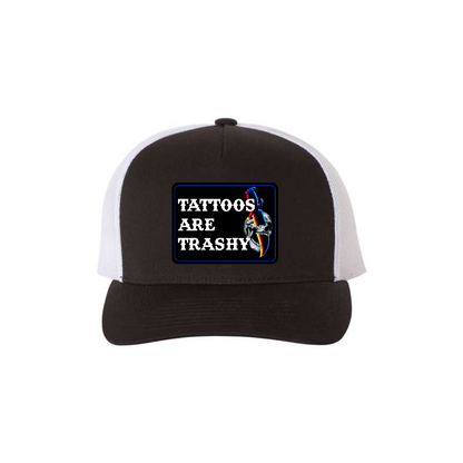 Tattoos Are Trashy Skull Blade 5-panel trucker hat in black with white mesh, front product mockup showing a black skull and blade design patch.