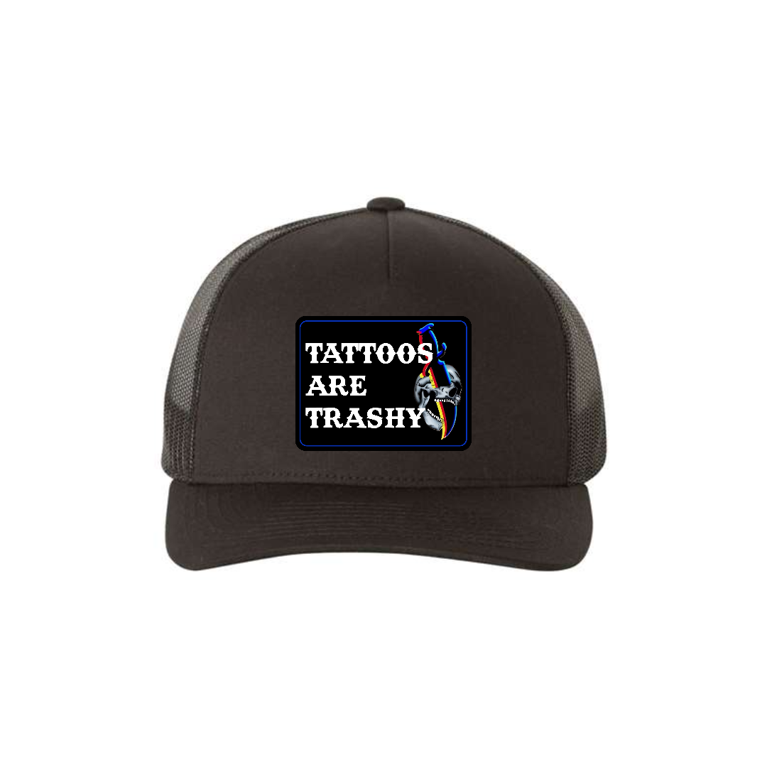 Tattoos Are Trashy Skull Blade 5-panel trucker hat in black, front product mockup showing a black skull and blade design patch.