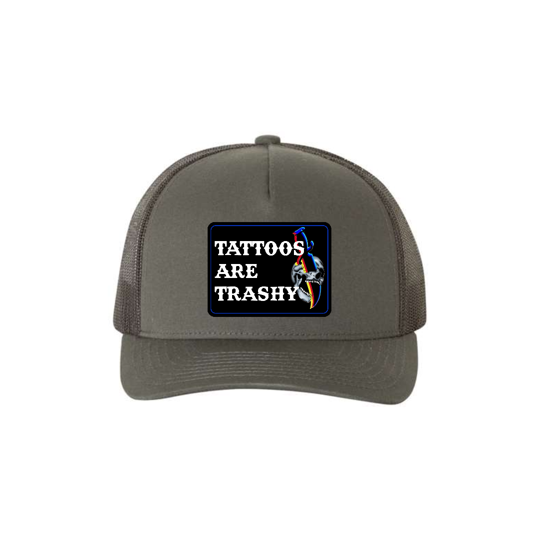Tattoos Are Trashy Skull Blade 5-panel trucker hat in charcoal, front product mockup showing a black skull and blade design patch.
