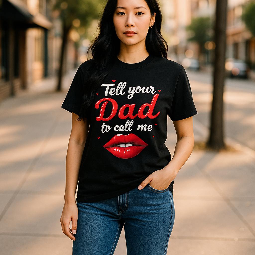 Model wearing a black Tell Your Dad to Call Me graphic T-shirt, front view showing the red and white lettering.
