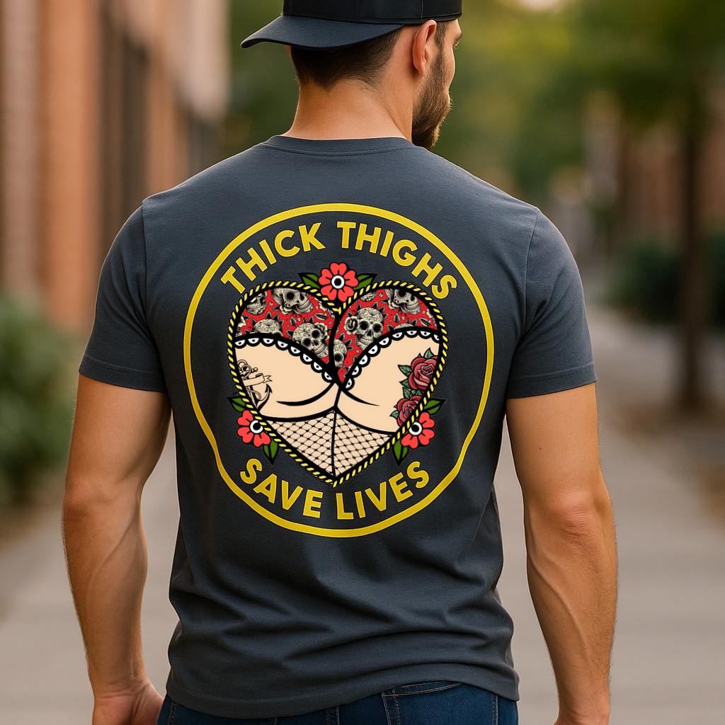 Model wearing a charcoal Thick Thighs Save Lives graphic T-shirt, back view showing the circular slogan design.