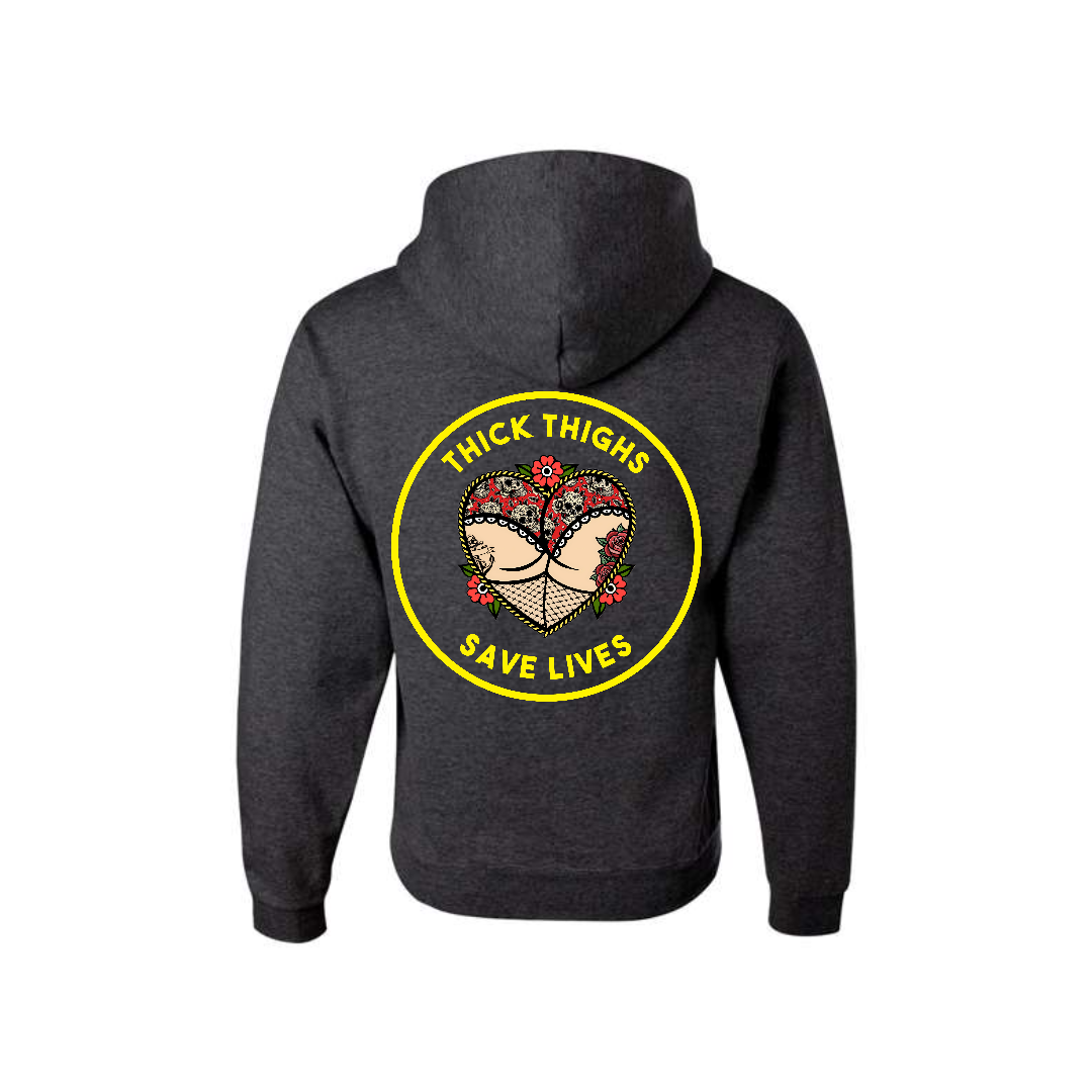 Heather Black Thick Thighs Save Lives graphic hoodie, back view showing the yellow circular slogan graphic.