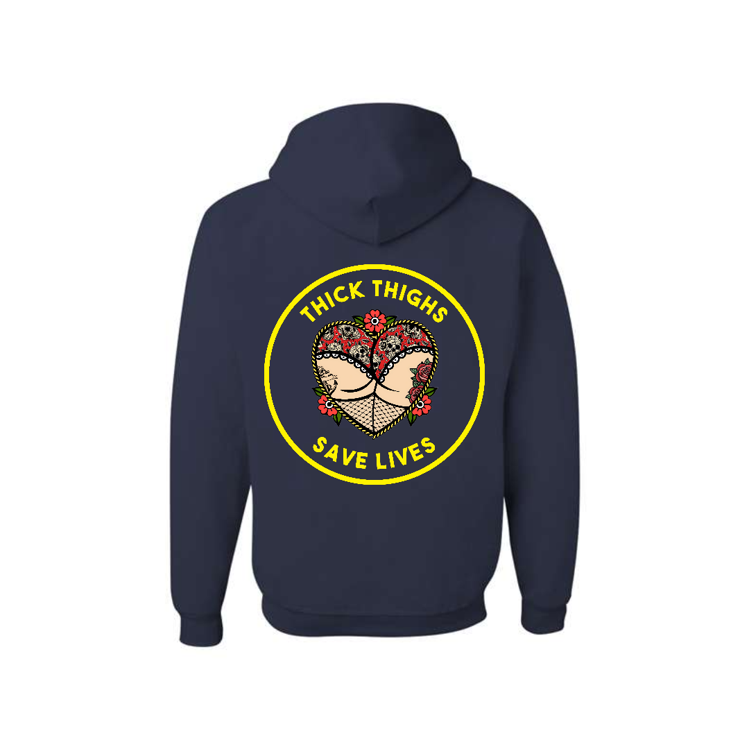 J. Navy Thick Thighs Save Lives graphic hoodie, back view showing the yellow circular slogan graphic.