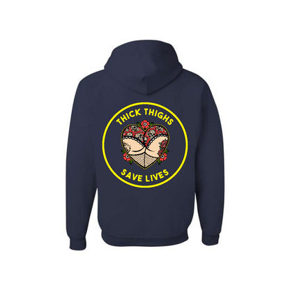 J. Navy Thick Thighs Save Lives graphic hoodie, back view showing the yellow circular slogan graphic.