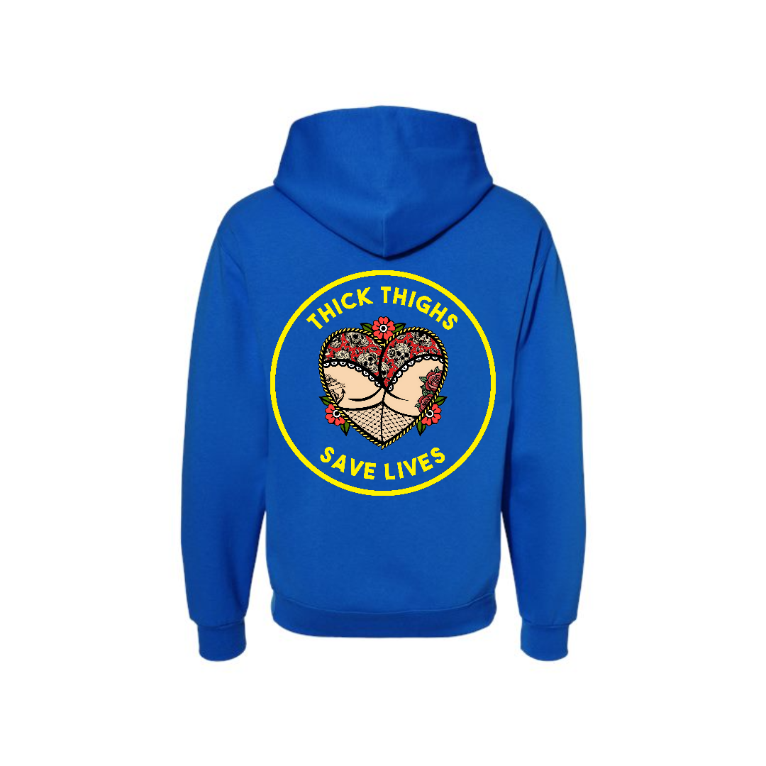 Royal Thick Thighs Save Lives graphic hoodie, back view showing the yellow circular slogan graphic.