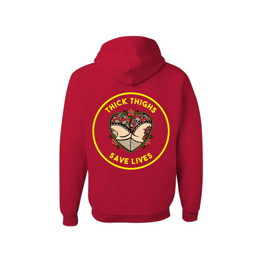 True Red Thick Thighs Save Lives graphic hoodie, back view showing the yellow circular slogan graphic.