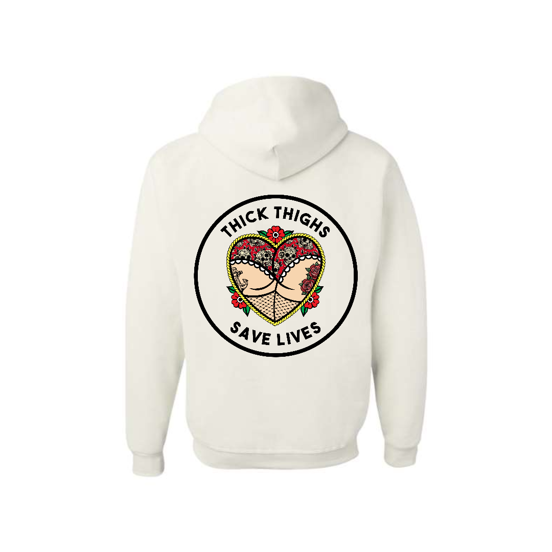 White Thick Thighs Save Lives graphic hoodie, back view showing the yellow circular slogan graphic.