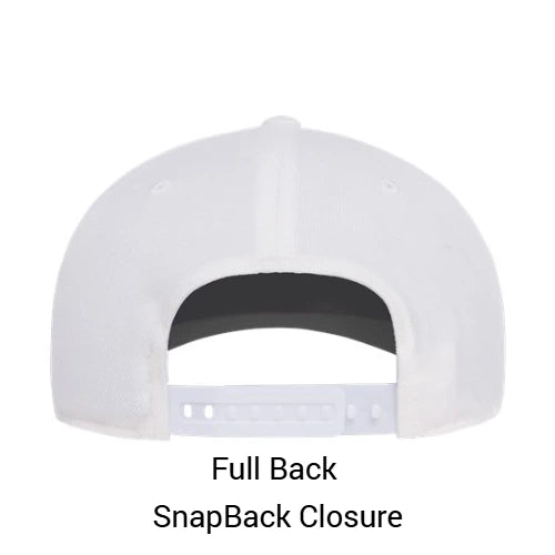 White snapback baseball hat, back view showing the full fabric panels and adjustable closure.