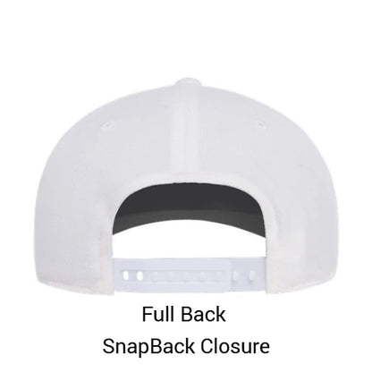 White snapback baseball hat, back view showing the full fabric panels and adjustable closure.