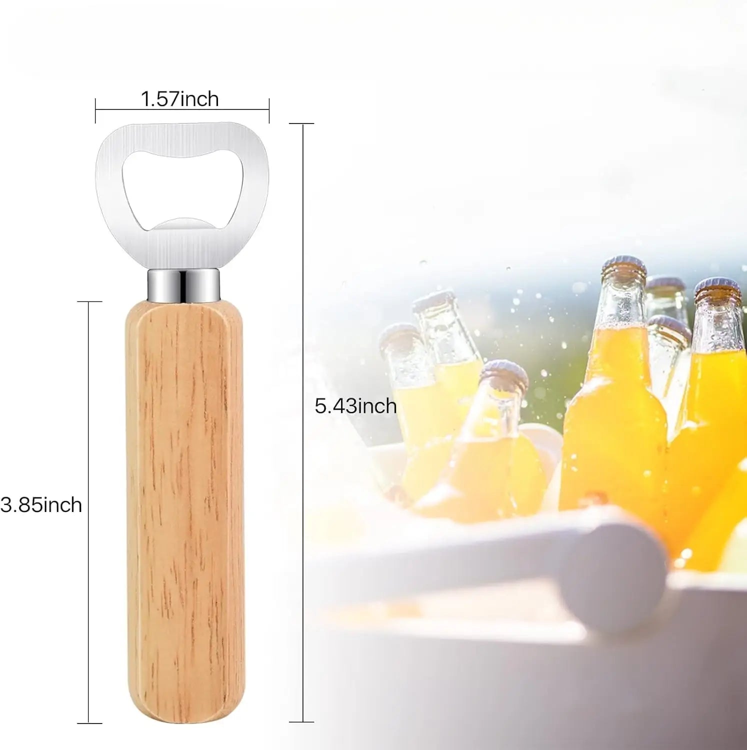 Customizable Bottle opener with wooden handle and metal cap catcher, shown with measurements, on a white background with blurred bottles of orange juice.