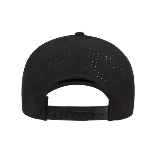 Rear view of black Yupoong 5389AP hat showing perforations and adjustable snap closure