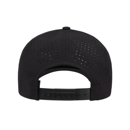Rear view of black Yupoong 5389AP hat showing perforations and adjustable snap closure